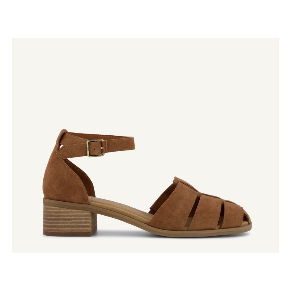 Toms Jaclyn Block Heels Fisherman Casual Shoes Sz 9.5 Brown Women Suede Sandals